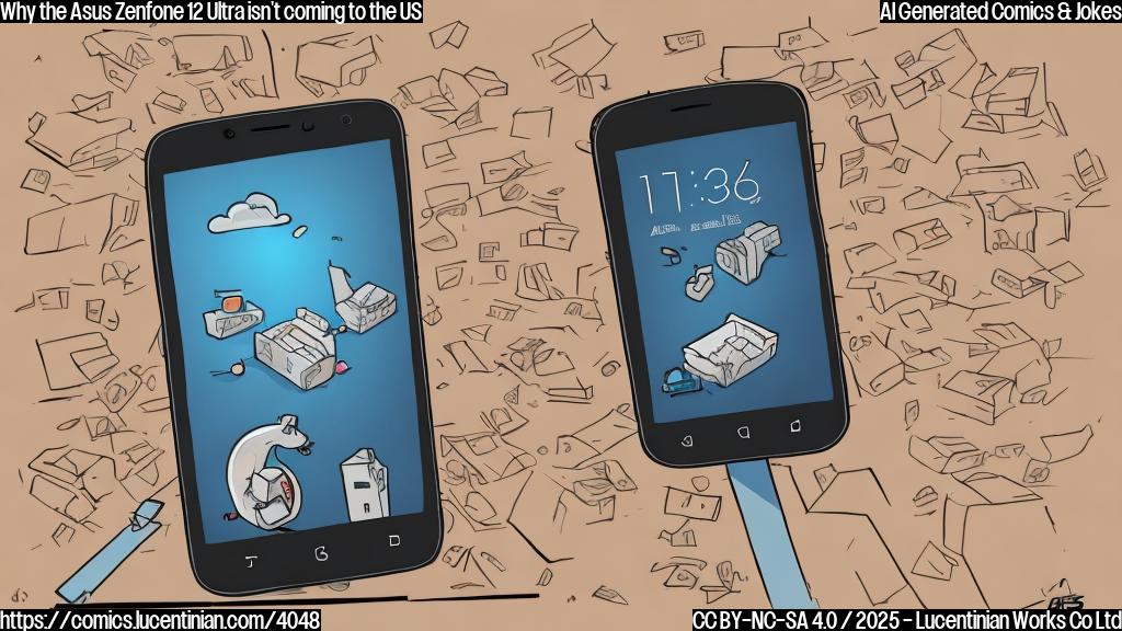 A cartoon drawing of a smartphone looking sad and lonely in a cardboard box labeled "Asus Zenfone 12 Ultra" with a background of tiny, arguing people. The cartoon is done in flat color with no shadows or gradients.  Use a plain color palette, mostly using light and dark blues, gray and beige.