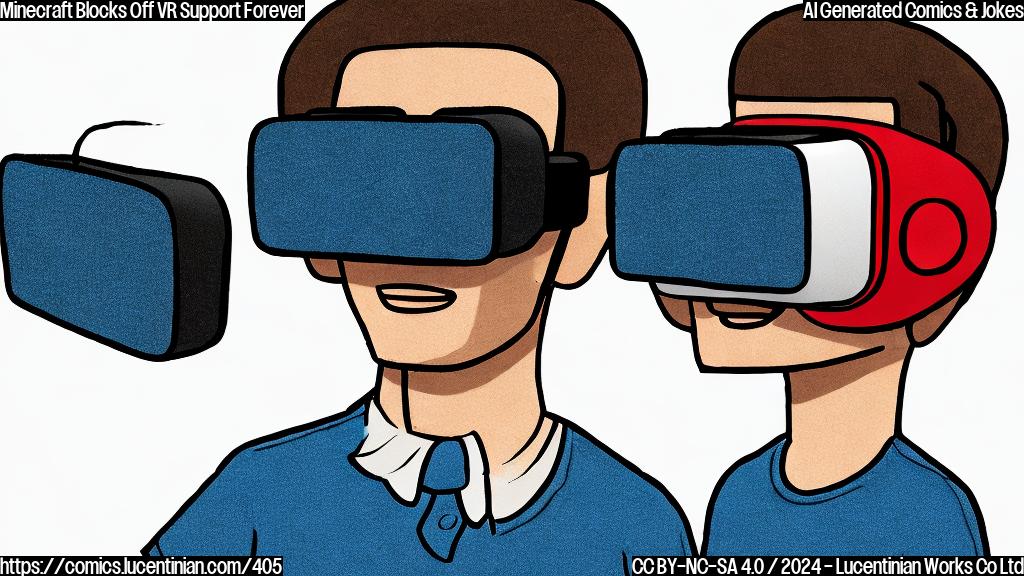 Draw a plain color cartoon style picture of a blocky avatar wearing a pair of glasses and holding a virtual reality headset, with a red X marked through the headset. The blocky avatar should have a surprised expression on its face.