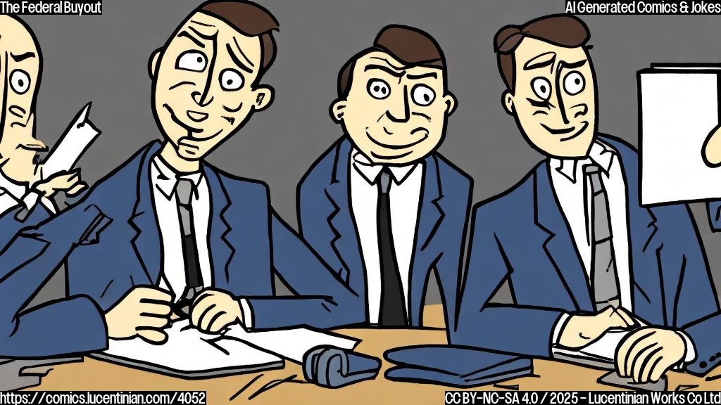 A cartoon drawing in plain colors of a person sitting at a desk looking confused and another person wearing a suit offering a briefcase. The background should be a simple office setting.