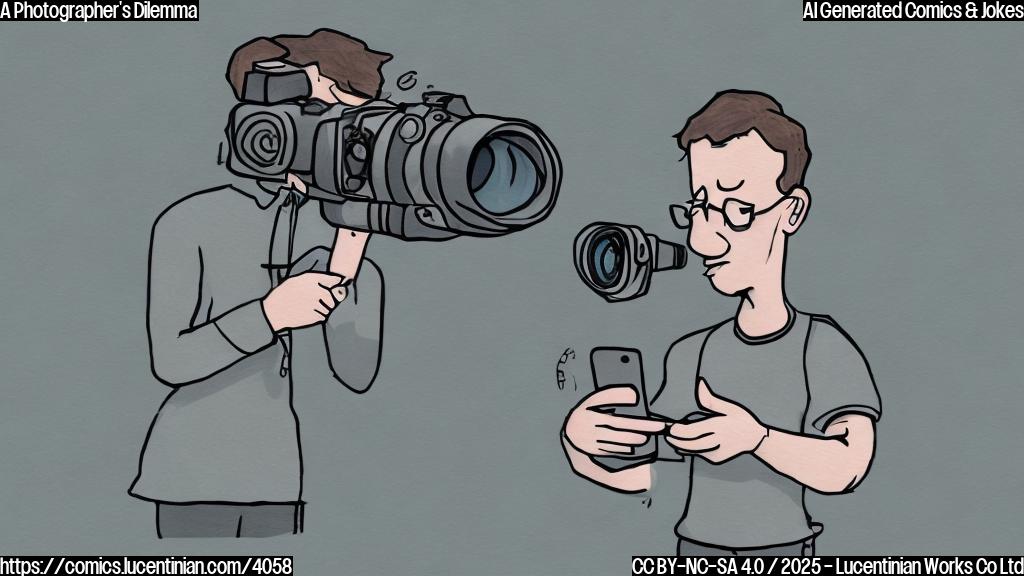 A cartoon drawing of a sad photographer with a smartphone in hand. The smartphone is showing a photo of a completely blurred object. The colors should be plain, simple background.