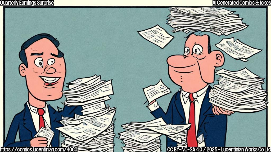 A cartoon illustration in plain colors, showing a surprised accountant with wide eyes, surrounded by stacks of paperwork representing quarterly reports; the overall image reflects a light-hearted mood, the accountant is holding a small bag of money and the other bag is empty. The style should be simple and clean, using only a few flat colors.