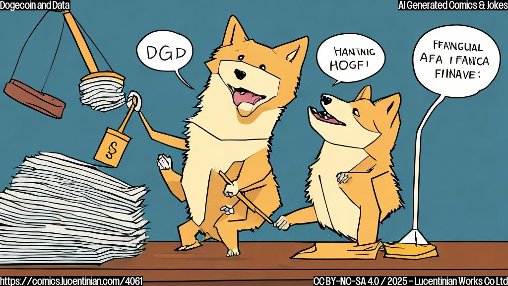 A cartoon illustration of a gavel banging down on a pile of papers labeled "Financial Data" and a cartoon Dogecoin looking sad and dejected in the corner. Simple flat colors, plain style.