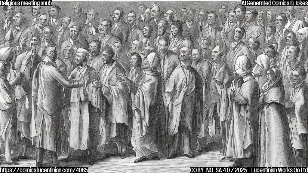 A simple cartoon drawing of a politician in a suit shaking hands with a group of people in religious clothing, while another group of similar looking people is sadly looking from the distance. Use only plain colors