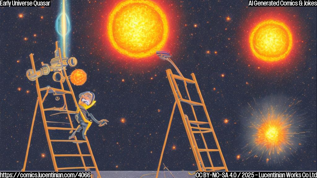 A cartoon drawing of a quasar, depicted as a large bright orange ball with a long, thin radio jet emanating from it, standing next to a tiny ladder.  The style is plain color, no gradients or shading. The background is a plain dark blue.