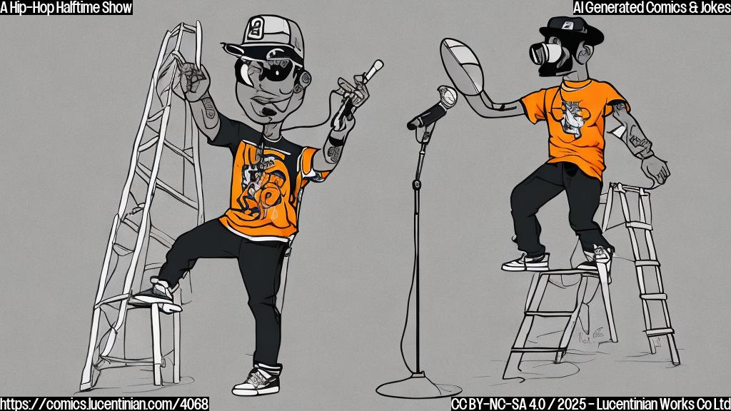 A cartoon drawing in plain colors of a rapper character with a microphone and a ladder on a football field stage. The rapper is wearing a hip-hop outfit. The style is simple and minimalist.