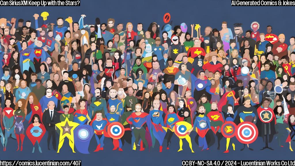 Illustrate a cartoon of a bright shining star (representing SiriusXM's aspirations) with a megaphone in hand, surrounded by several celebrities' faces (e.g. podcaster, singer, actor) all wearing superhero capes, each holding a microphone and standing on a podcast-themed background.