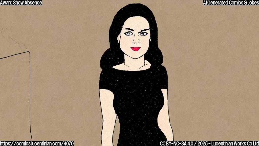 A simple cartoon drawing of an actress in a plain black dress, looking slightly anxious, standing in front of a large red carpet with spotlights shining on it. The backdrop is a plain light beige color.