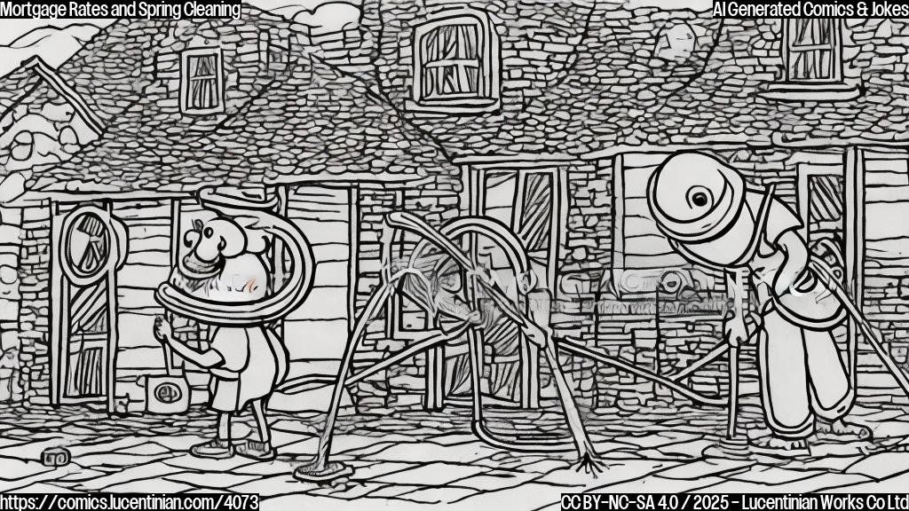 A simple cartoon drawing in plain colors. A person with a mop cleaning a huge dust bunny under a house with a giant number 6.89% on it.