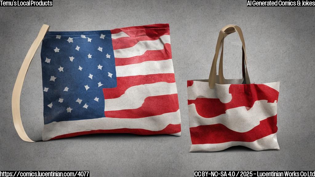 A simple cartoon of a smiling shopping bag with the word "TEMU" on it, standing next to a waving American flag. Use plain colors and a minimalist style. The background should be a solid color like light blue.