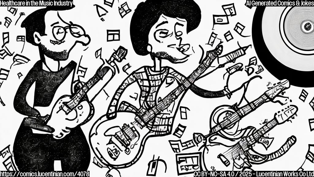 A simple cartoon drawing of a sad musician with a medical bill in their hands, standing against a backdrop of a record label building.  Use only black, white, and grey colors.  Keep the style simple and clear.