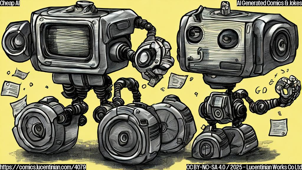 A cartoon of a cheap, simple-looking robot, with dollar signs for eyes, standing next to a timer showing 30 minutes and a sign reading "$50". The drawing style should be plain color. The background color is light yellow.