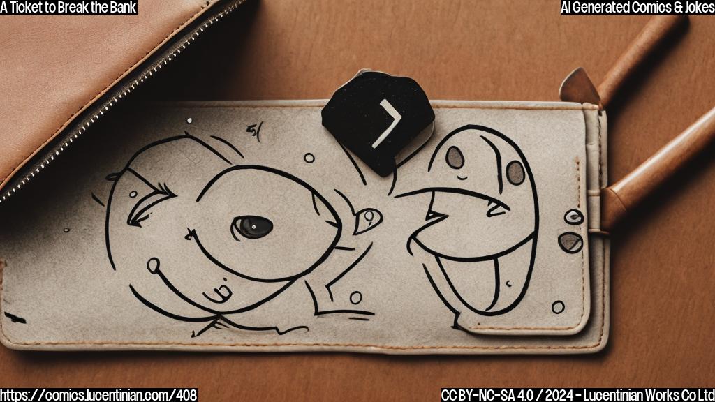 Illustrate a smiling wallet with tears in its eyes and a baseball bat leaning against it, with a giant price tag ($5,000) hovering above the wallet's head.