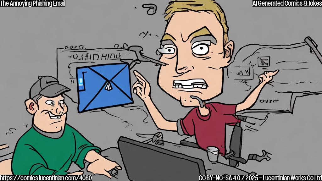 A plain-colored cartoon of a computer screen displaying a phishing email with an urgent subject line, and a person's face superimposed, showing an expression of annoyance with the email, in a single color palette.