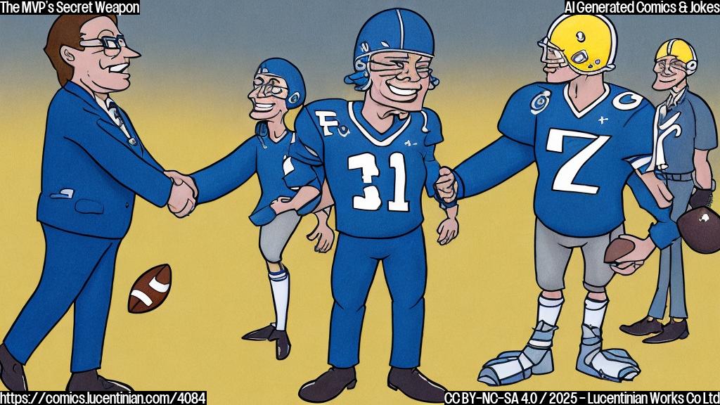 A cartoon drawing of a muscular football quarterback, in a plain dark blue uniform, shaking hands with a smiling accountant wearing glasses and a suit. Both characters are drawn in a simple, solid-color style with no shading. The background is a simple, solid light-yellow color.