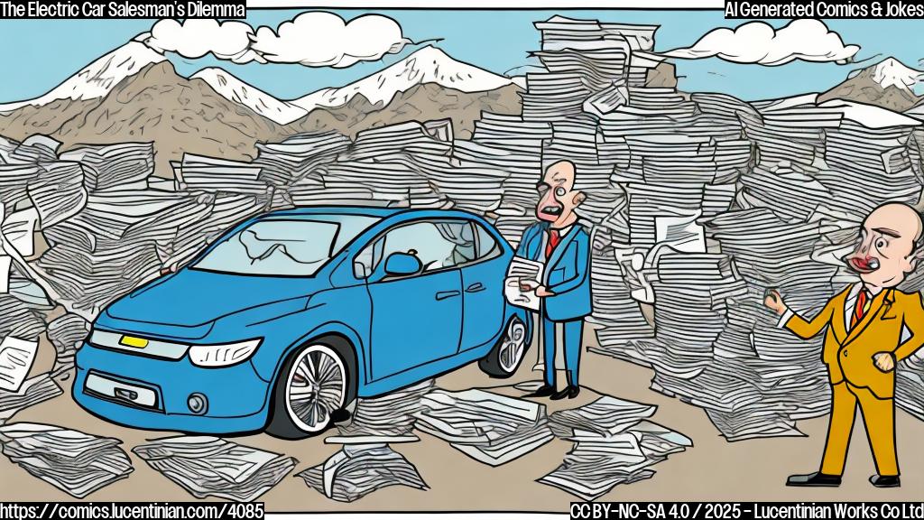 A cartoon illustration in plain colors depicting a frustrated electric car salesman surrounded by mountains of paperwork, with a car in the background. The salesman is bald, wearing a suit and tie. The paperwork is labeled "Regulations," "Bureaucracy," and "Legal". The car is simple, without brand logo, and looks like a generic electric SUV.