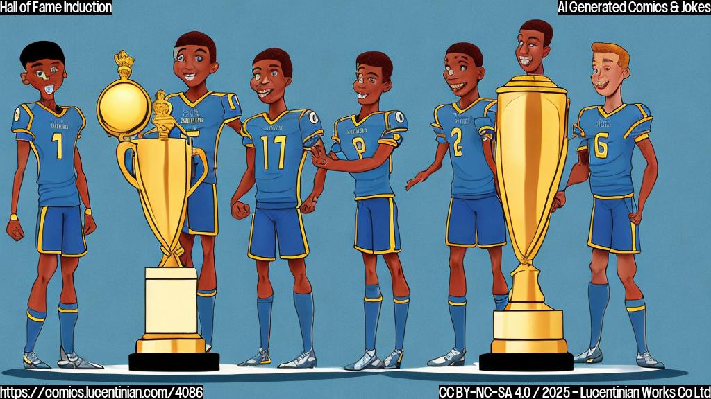 A cartoon drawing in plain colors of four happy cartoon football players with different skin tones standing in front of a large golden trophy that is way up high on a pedestal.  The background is a plain light blue color and there are no other items in the background.