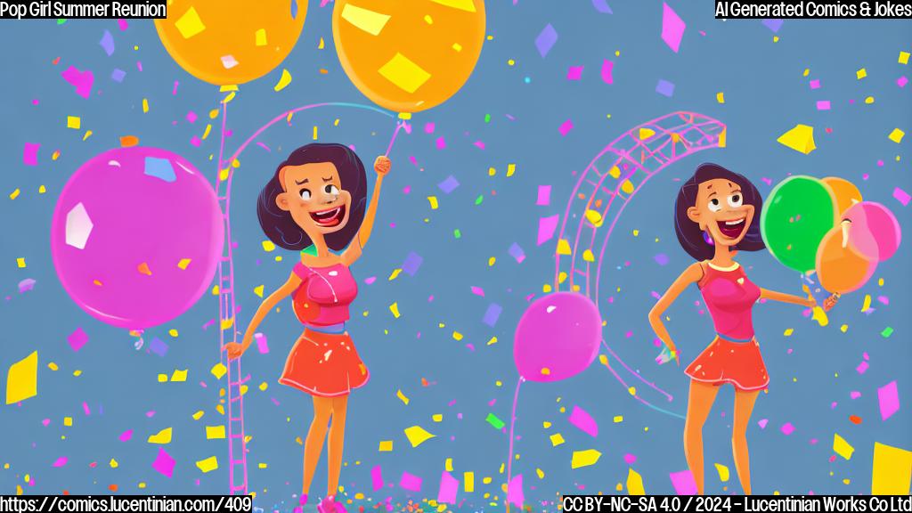 A cartoon of a young woman, wearing a bright and colorful outfit, standing on top of a microphone, with a ladder leaning against it behind her. She has a big smile on her face and is holding a guitar in one hand. The background is a city skyline at sunset, with confetti and balloons floating in the air. The style is similar to classic cartoon characters like SpongeBob SquarePants or Looney Tunes.