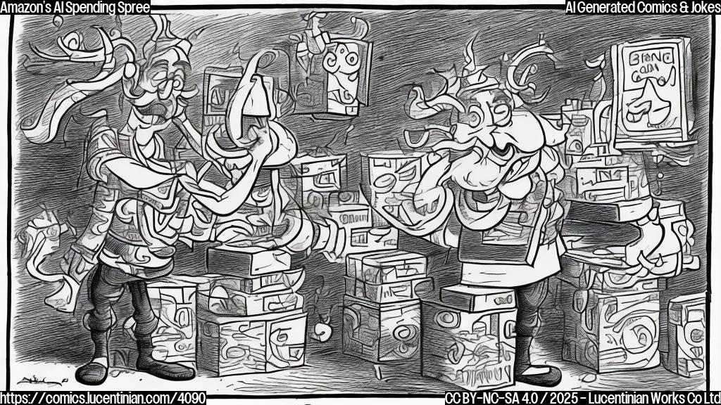 A simple cartoon drawing of a genie in a box labeled "Amazon," popping out and holding up a variety of items (a book, a coffee maker, socks, etc.), with a surprised customer standing before the box.  Use only shades of blue and orange for coloring.