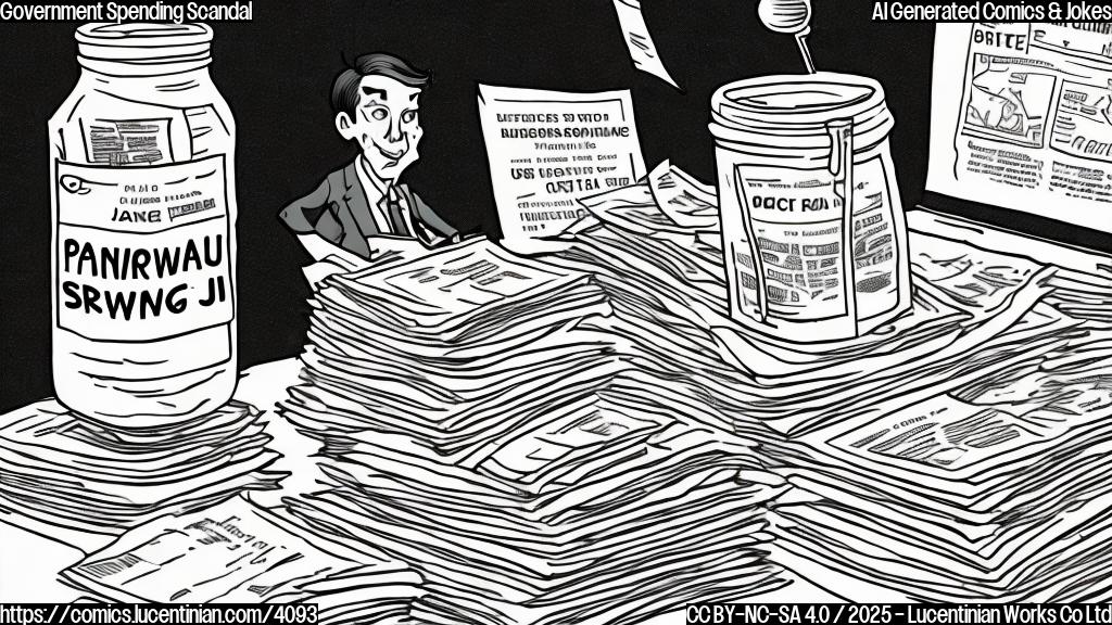 A cartoon drawing in plain colors of a frustrated-looking person in a suit, sitting at a desk, with a pile of papers labeled "Government Spending" and a newspaper labeled "Politico" next to a jar of jam. The style is simple, with no shading or complex details.