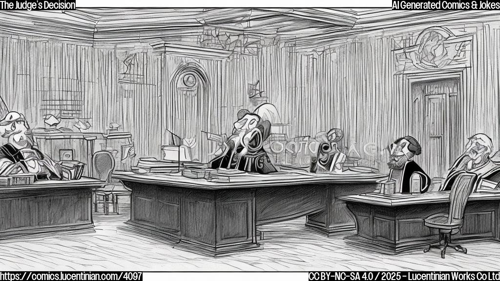 A cartoon drawing in plain colors, showing a judge wearing a wig and robe sitting behind a large desk in a courtroom. There are several empty chairs in the foreground, symbolizing the fired people, and the judge is looking at a stack of files with a stressed look on his face.