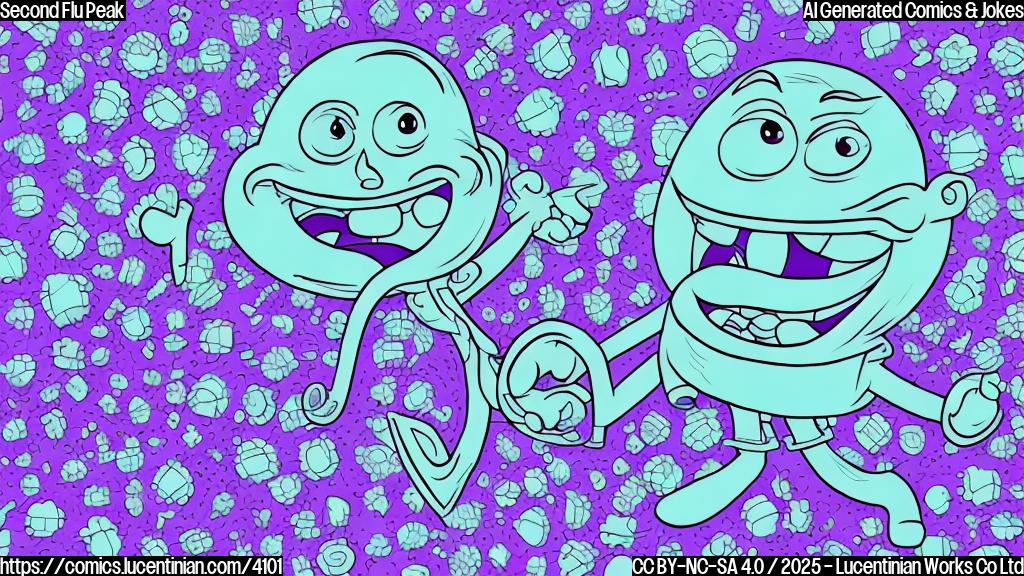 A simple cartoon drawing of a mischievous flu virus, purple in color, with a happy, cartoonish expression, wearing a doctor's coat, winking. Simple, solid background.