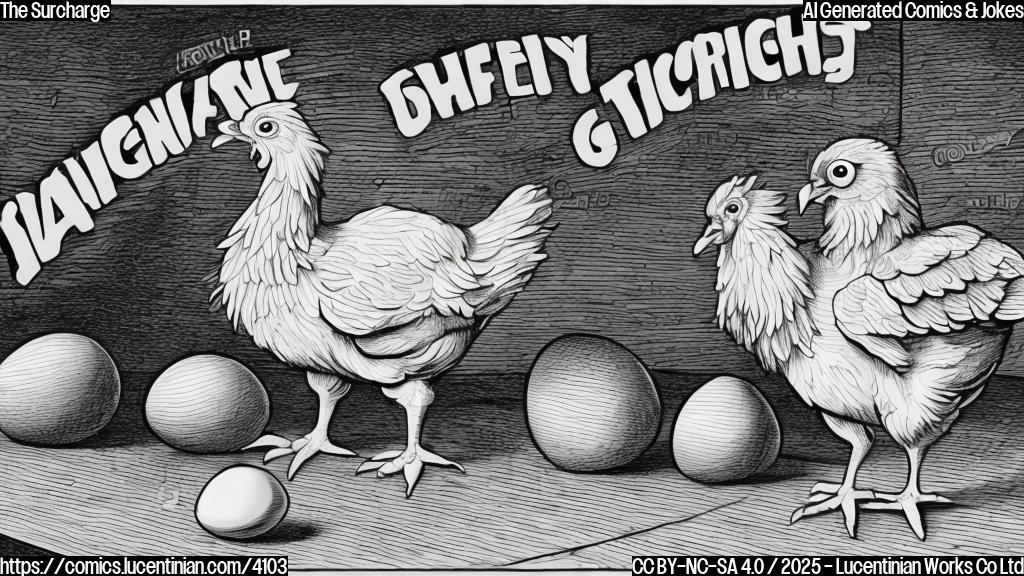 A cartoon drawing in plain colors of a muscular chicken wearing a tiny weightlifting outfit, flexing one wing, standing next to a carton of eggs with a price tag of $100.  The background is a simple yellow diner counter.