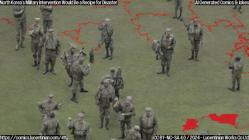 A group of soldiers in standard-issue green camouflage uniforms, standing in front of a large map of Ukraine with red markers indicating key military locations. One soldier is pointing to a specific area on the map while another is holding a pair of binoculars up to their eye. In the background, a subtle image of North Korean troops marching can be seen, but they are not prominent and do not obstruct the main focus of the soldiers.