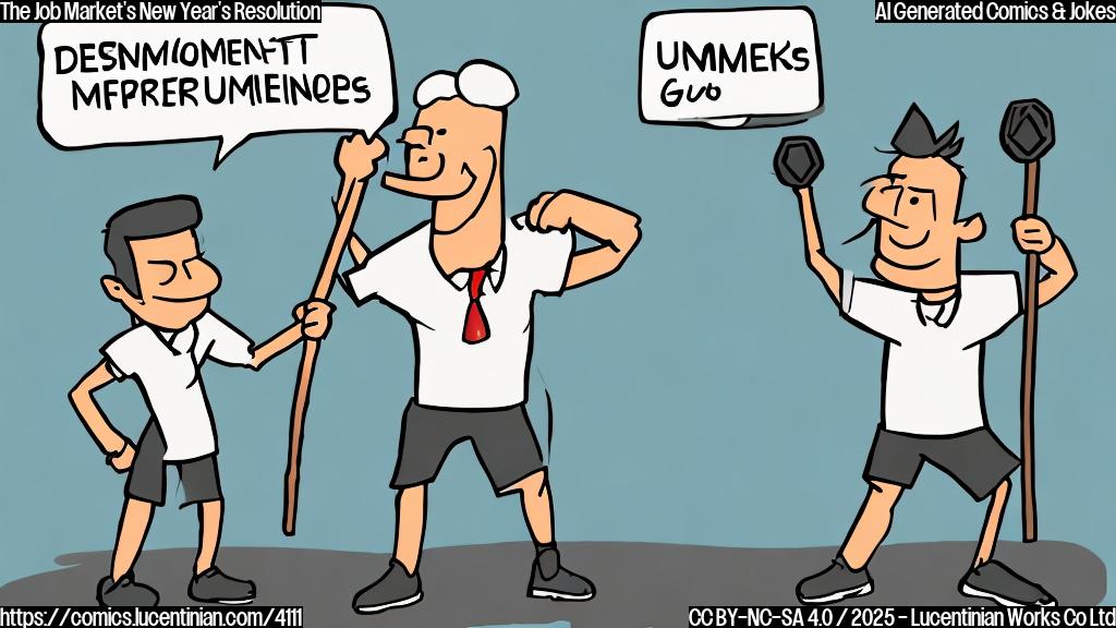 A cartoon of a stick figure representing the job market, wearing a sweatband and holding a dumbbell, with a speech bubble above its head saying "Lose those unemployment numbers!". The cartoon should use plain colors and a simple style.