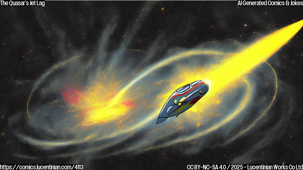 A simple cartoon drawing of a quasar with a comically large jet, the quasar is drawn in a plain yellow color, the jet is in a plain red color, background is plain black color. The quasar has a slightly worried expression and is depicted with arms and legs.