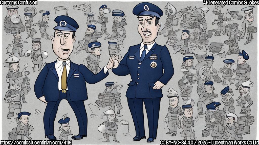 A cartoon drawing of a confused customs agent in a plain navy blue uniform, surrounded by small packages of various shapes and sizes, all in muted tones. The agent has a questioning expression on his face, and a speech bubble above their head saying "De Minimis?". The background is a plain light grey.