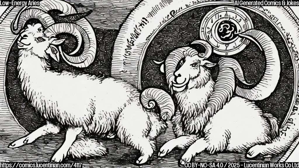 A simple cartoon drawing in a single color, possibly blue or green, of a sheepish-looking ram (Aries symbol) lying on a couch, looking exhausted.  A tiny speech bubble above it shows a horoscope excerpt: "May feel low-energy".