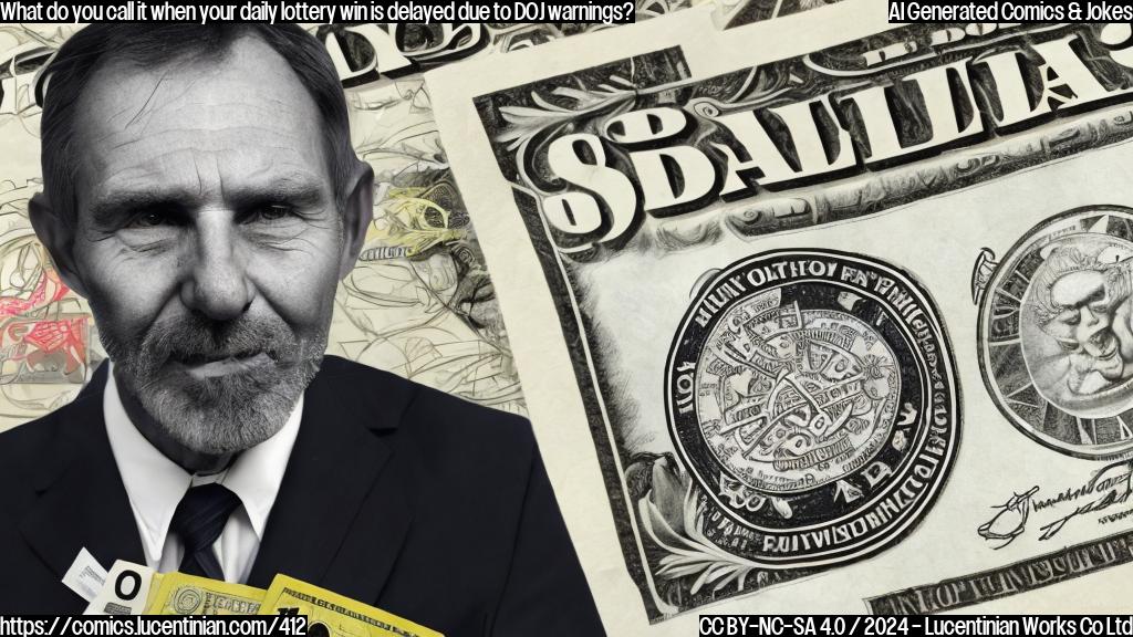 A cartoon of a person sitting at a desk with a clock in the background, looking stressed and holding a piece of paper with a crossed-out $1 million prize tag. The person is wearing a concerned expression and has a few gray hairs on their head. In the corner of the image, there is a small DOJ logo, representing the warning mentioned in the news.