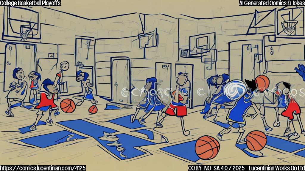 A cartoon drawing in plain colors of a basketball team in their locker room, looking upset and dejected, with a big 'F' on a report card on the floor. The style must be simple and colorful.