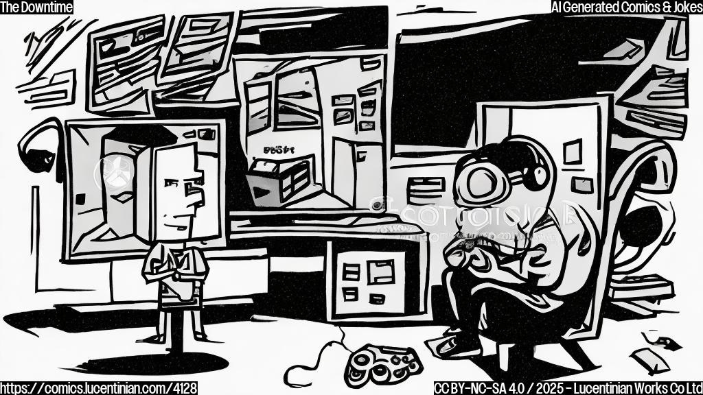 A simple cartoon of a frustrated gamer sitting in front of a broken PlayStation console with a sad expression, drawn in a plain color style. The background should be plain light grey.