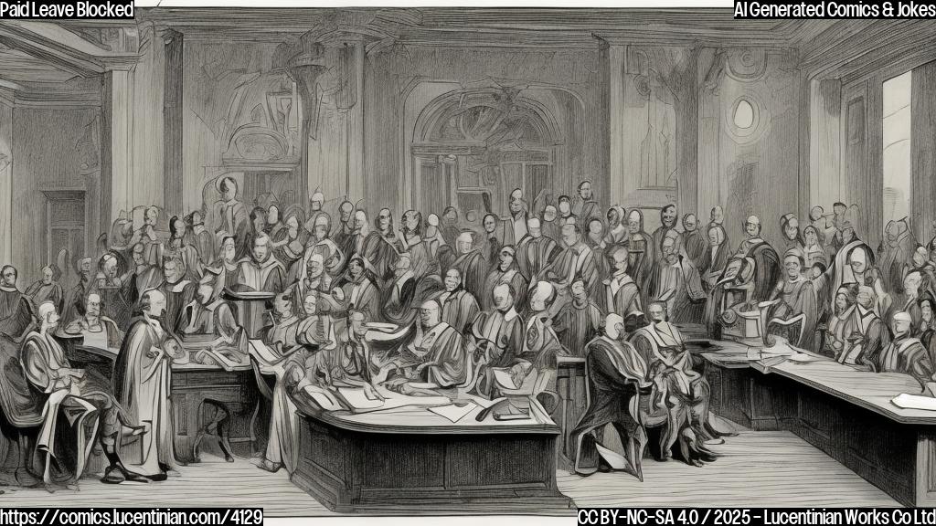 A cartoon drawing of a judge in robes sitting behind a desk, a gavel in his hand, looking sternly at a group of smiling employees who appear to be on holiday. The style is simple and plain color.