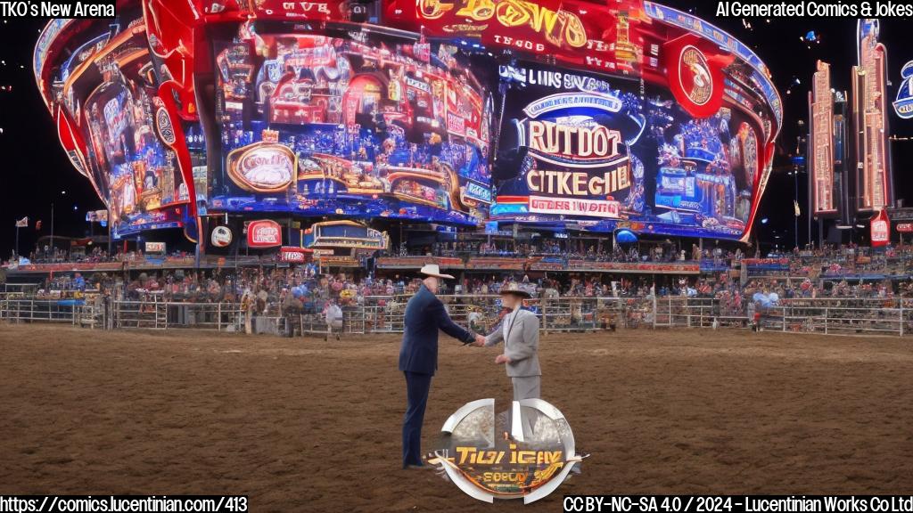 A large arena with a rodeo ring in the center, surrounded by VIP boxes on either side. A person in a suit and tie is shaking hands with a cowboy wearing a PBR hat in front of a giant screen displaying TKO's logo. The background has a blurred image of a city skyline at night.