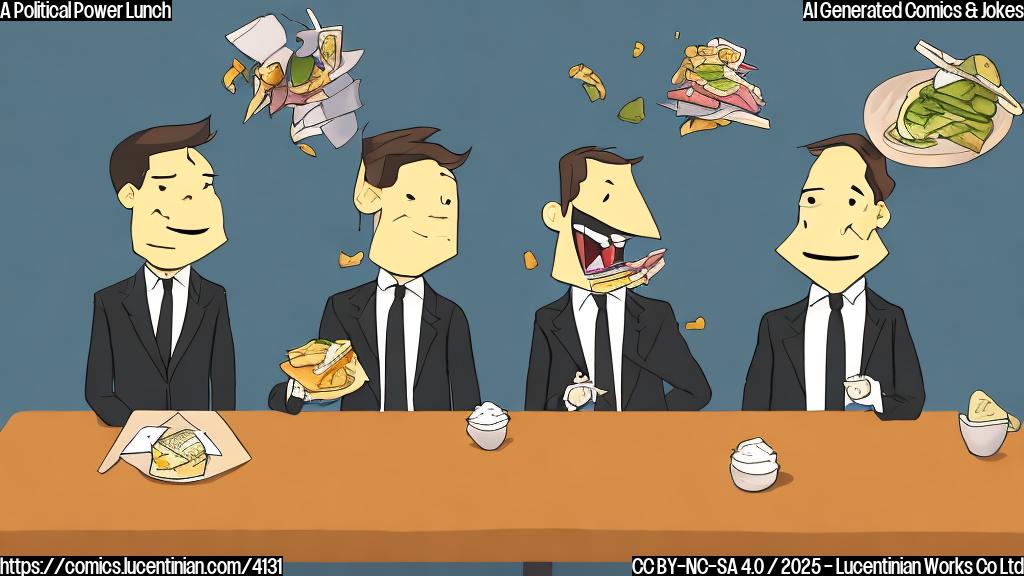 Two cartoon figures, one in a suit with a large tie, the other in a suit with a smaller tie, sitting at a table with half-eaten sandwiches. Simple background. Plain colors.