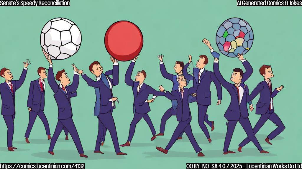 A cartoon drawing of a group of people in suits, looking hurried and stressed, carrying a large ball labeled "Reconciliation Bill" across a football field. The style should be simple, using only a few colors (primary colors), and have a flat design. The background should be a plain light green color.