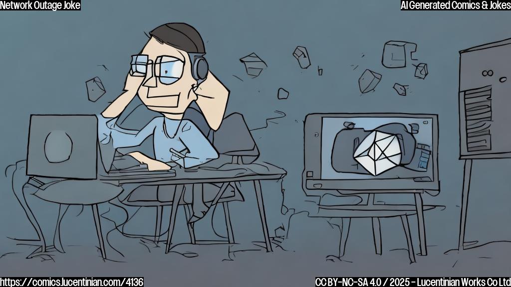 A simple cartoon drawing of a sad-looking gamer sitting in front of a computer screen with a broken internet connection symbol displayed on it. The background should be a plain light blue color, and the character should be drawn in a simple style with solid colors.