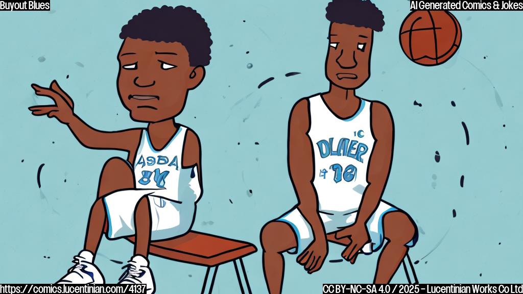 A simple cartoon of a sad-looking basketball player in a plain jersey sitting on a bench, looking at a large dollar sign with a crying expression.  The background is a solid light blue color, with the player's outline in black.