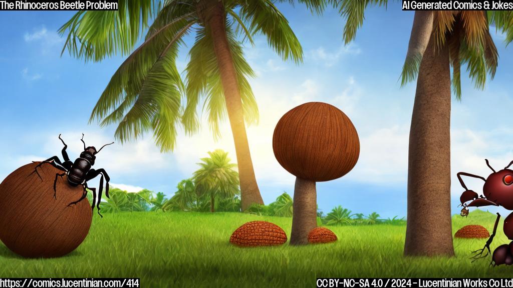 A cartoon style picture of a small, brown beetle with a distinctive horn on its head, standing in front of a coconut tree with a worried coconut fruit looking at it. The background should be a tropical island landscape with palm trees and hibiscus flowers.