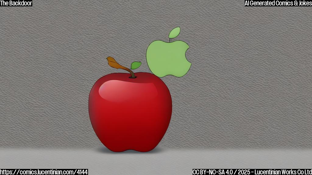 A cartoon apple with a small door on its side, drawn in a simple, flat color style. The apple is red, and the door is brown. The background is a plain light blue.