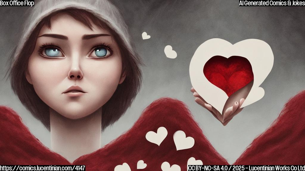 A plain color cartoon of a sad-looking movie poster with the title "Heart Eyes". The poster shows a blurry image of a person with eyes shaped like hearts looking scared. The background is a dark red color.