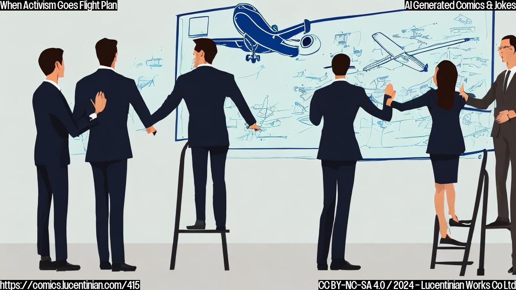 A cartoon style image of a person in a suit, standing on a step stool, with an airplane in the background, and two people shaking hands in front of a whiteboard with a plane's flight plan.