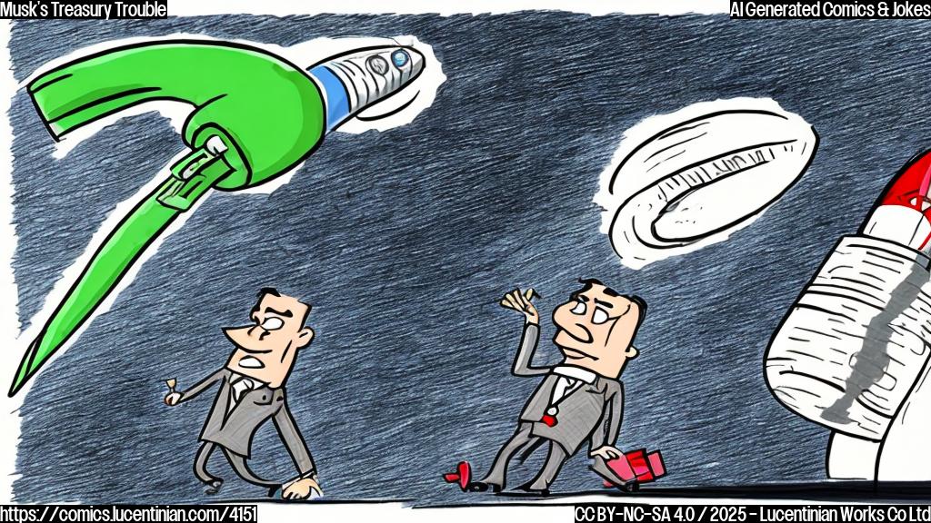 A cartoon drawing in plain color of a frustrated-looking person in a suit, holding a laptop showing a low-balance message, while a rocket ship is flying off into the distance carrying a pile of money bags, simple background.