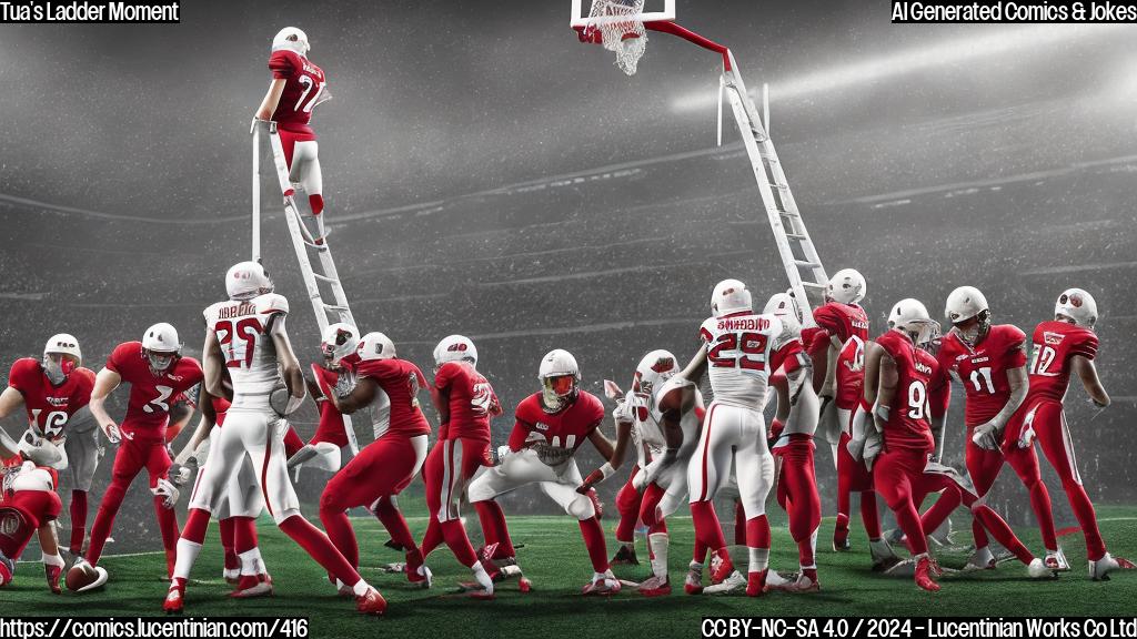 A cartoon style picture of a football player (Tua) standing on top of a ladder, wearing his jersey and holding a football. The ladder is leaning against a scoreboard with a big X marked through it, while the opposing team (Cardinals) players look on in confusion.