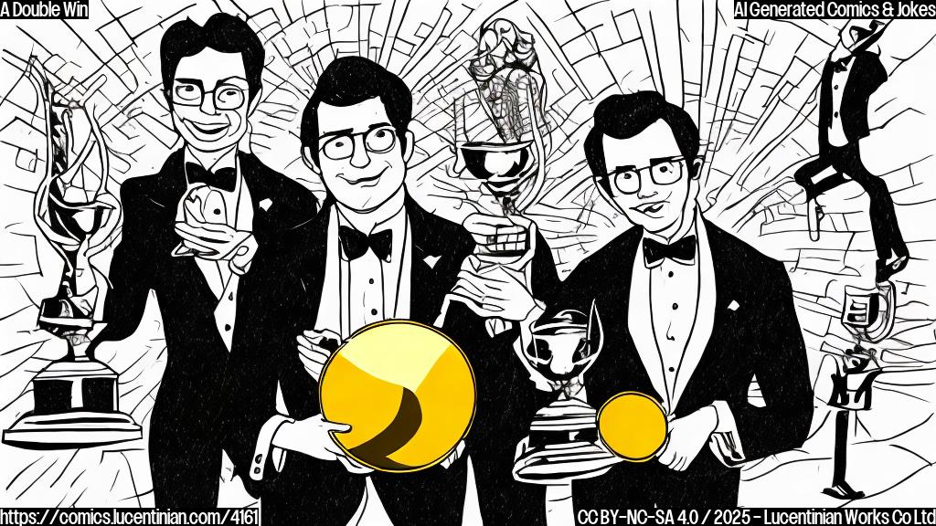 A simple cartoon drawing of a filmmaker in a tuxedo happily holding two identical golden trophy statues.  The background should be a plain yellow color.