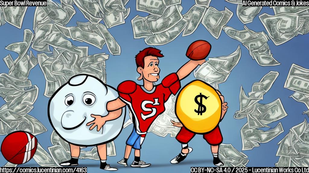 A cartoon drawing of a large money bag with a dollar sign on it, next to a small figure of a pop star wearing a sparkly outfit, and a football player with a football in his hand. All in plain colors, in a simple style