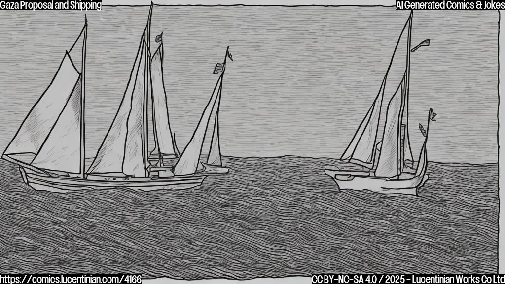 A simple cartoon drawing in plain colors of a sad-looking sailboat with an anchor shaped like a document labeled "Gaza Proposal" sinking in red water.  The sun is setting, casting a long shadow.