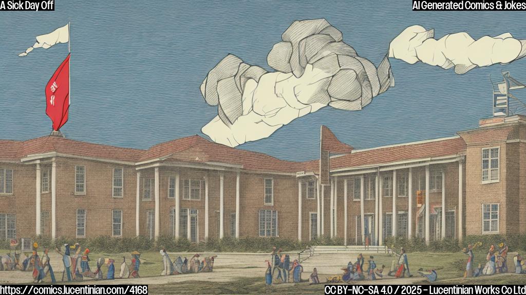 A cartoon drawing of a school building wearing a large bandage over its roof and a thermometer in its mouth. The style should be simple and flat, using only three colors: red, blue, and yellow.